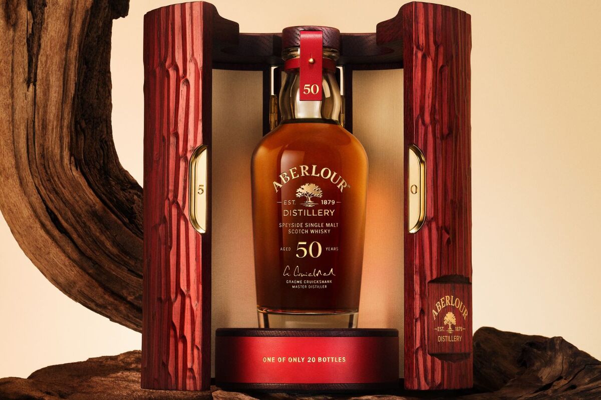 A bespoke oak coffret encloses Aberlour's first 50-year-old whisky